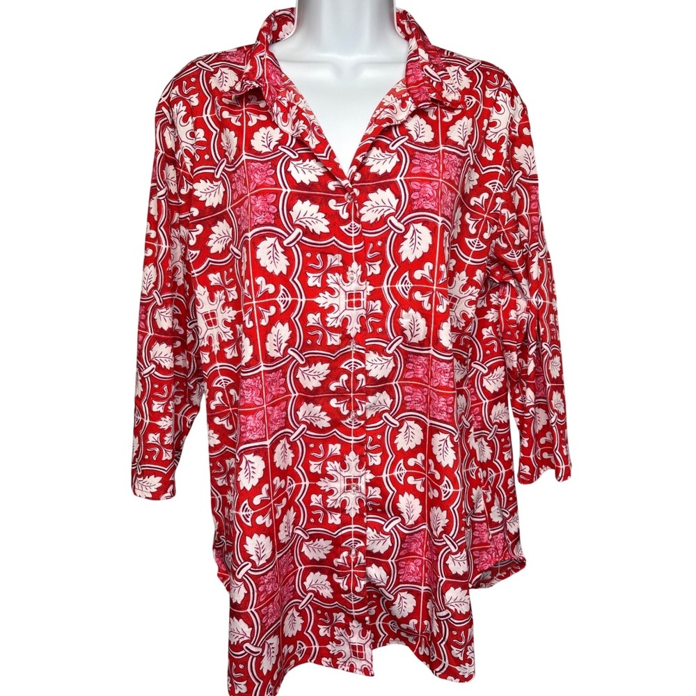 ANTICA SARTORIA Red Tile Print‎ Button Up Tunic Blouse OS Boho-Chic Resortwear